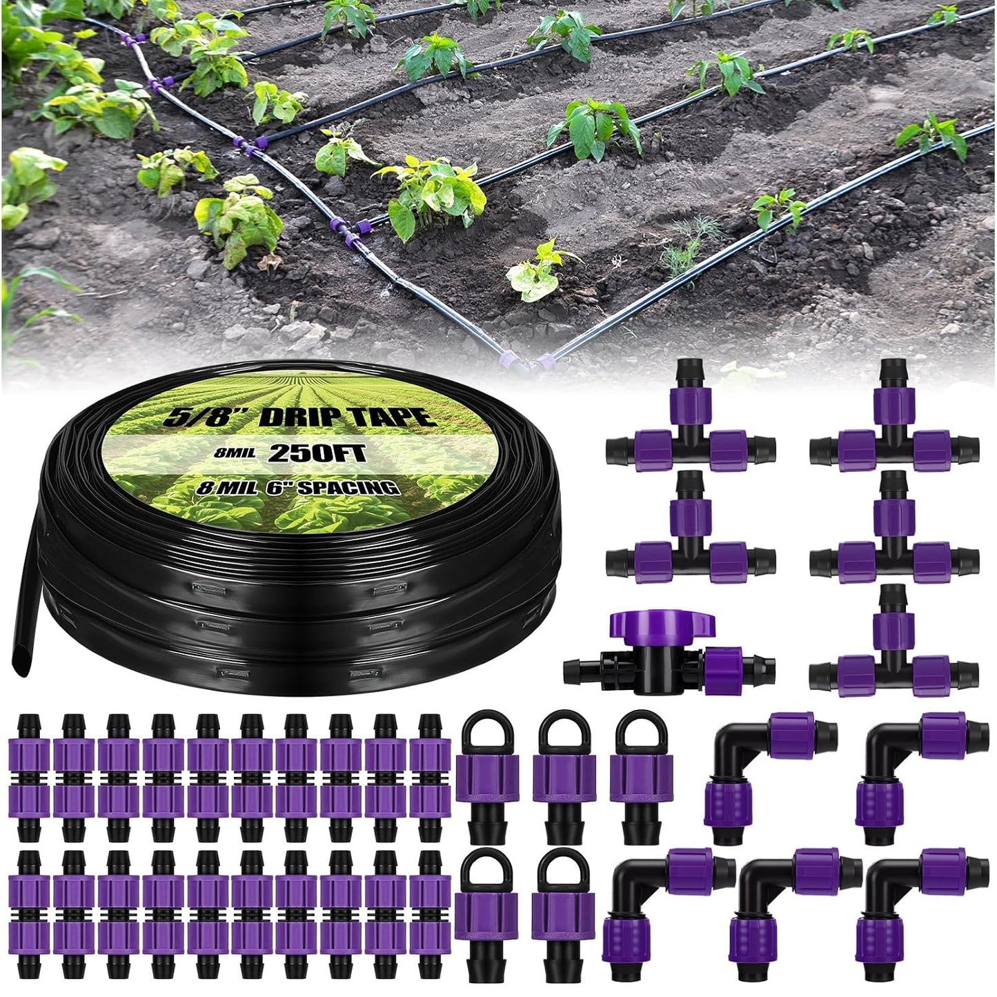 250' 5/8 Inch Drip Tape Irrigation Tubing Kit 8 Mil 6" Spacing Garden Hose Watering Tube Line Automatic Equipment for Garden Irrigation System Farms, Landscape, Lawn