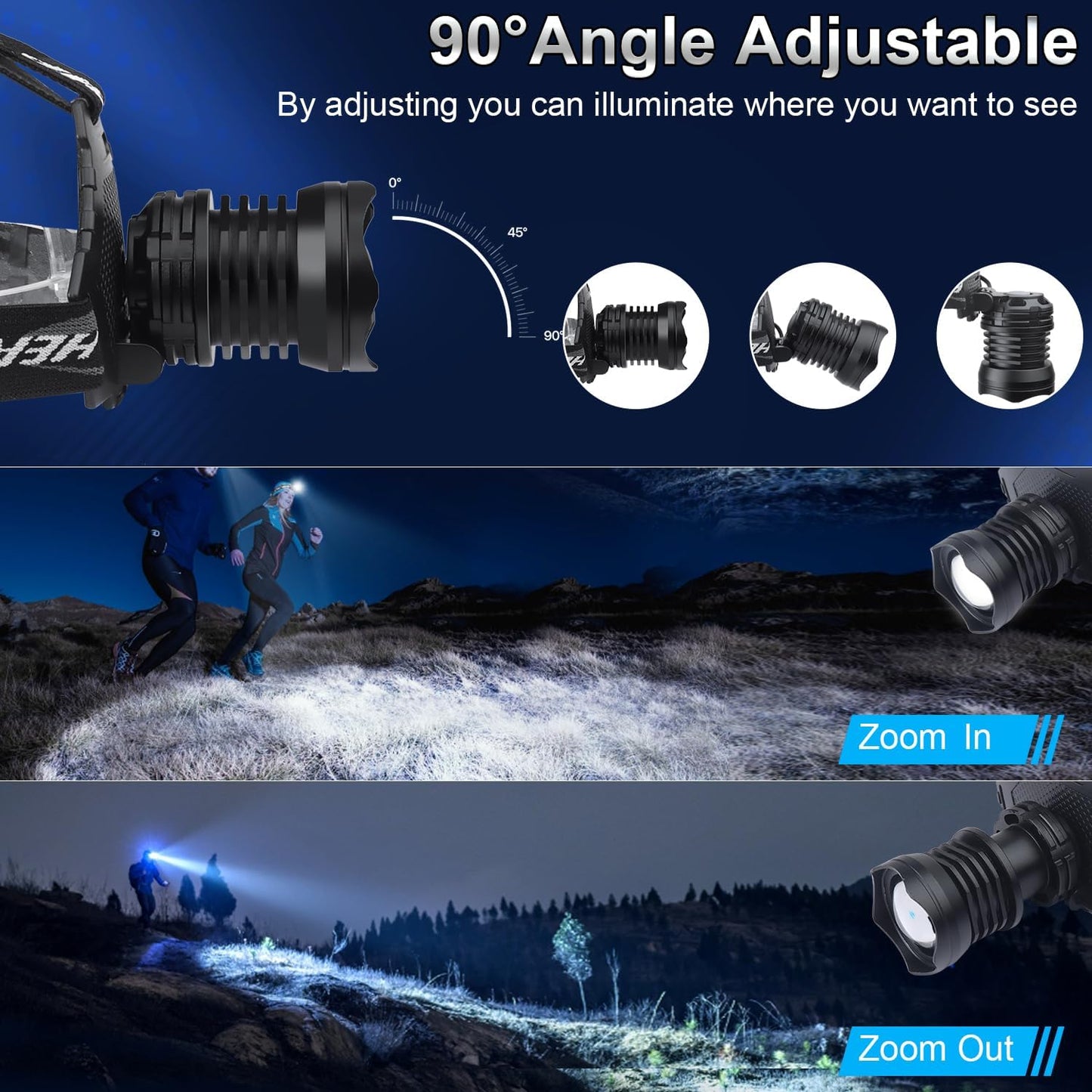 Rechargeable LED Headlamp 1080 Lumen, Super Bright Head Lamp Flashlight with 5 Lighting Modes, IPX6 Waterproof, Zoomable Headlight for Camping, Hiking, Fishing, Biking (2Pack） (2Pack Headlamp)