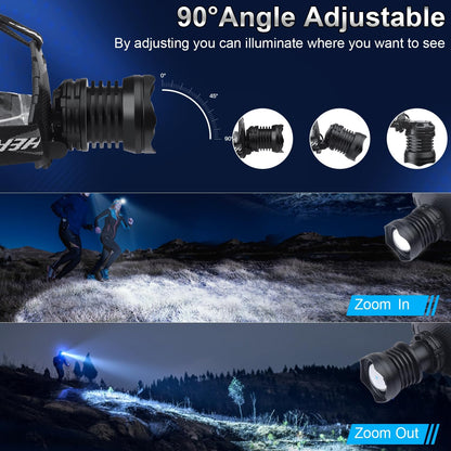 Rechargeable LED Headlamp 1080 Lumen, Super Bright Head Lamp Flashlight with 5 Lighting Modes, IPX6 Waterproof, Zoomable Headlight for Camping, Hiking, Fishing, Biking (2Pack） (2Pack Headlamp)