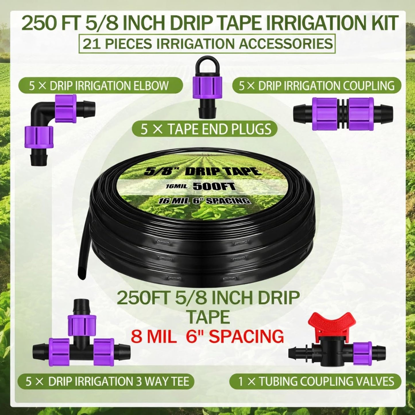 250' 5/8 Inch Drip Tape Irrigation Tubing Kit 8 Mil 6" Spacing Garden Hose Watering Tube Line Automatic Equipment for Garden Irrigation System Farms, Landscape, Lawn