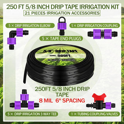 250' 5/8 Inch Drip Tape Irrigation Tubing Kit 8 Mil 6" Spacing Garden Hose Watering Tube Line Automatic Equipment for Garden Irrigation System Farms, Landscape, Lawn
