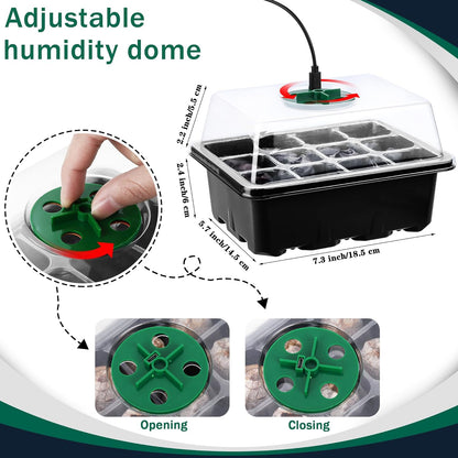 6 Pack Seed Starter Tray Kit with Grow Light and Humidity Dome Germination Trays with 72 Peat Pellets, Plant Labels, Gardening Tools, Plant Growing Trays for Seeds Growing Starting, Black
