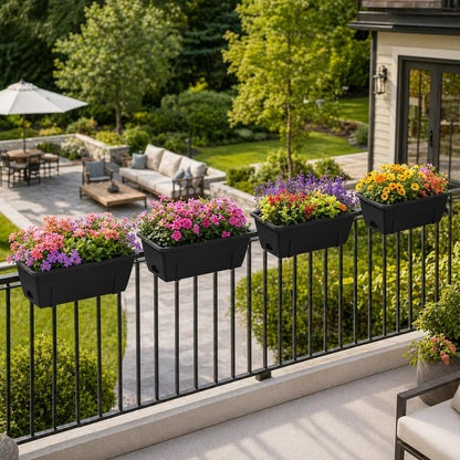 Railing Planter Box 4 Pack Window Boxes Planter with Adjustable Brackets 16.9 Inches Deck Railing Hanging Flower Boxes Black Balcony Planters Fence Hanging Planters for Outdoor