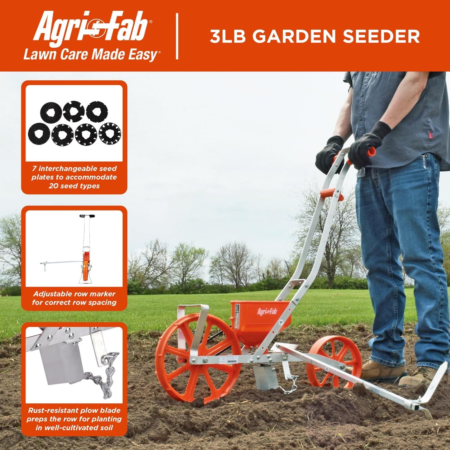Push Garden Seeder Planter with 7 Interchangeable Seed Plates, 3 Lb Capacity Hopper and Adjustable Row Marker, Orange