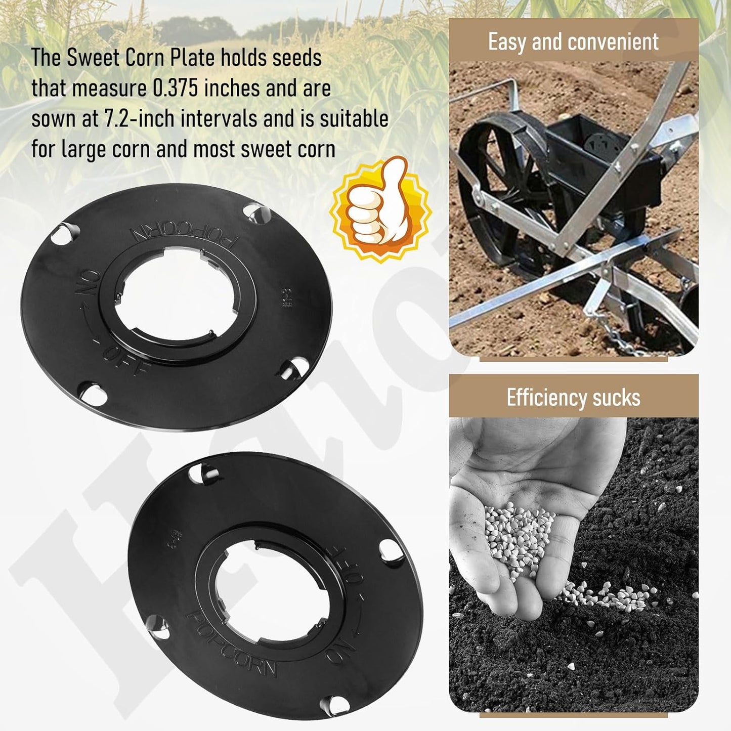2 X Sweet Corn Standard Seed Plates Size 0.375“, Sown at 7.2" Intervals & 2 X Popcorn Se Ed Plates Spaced 9 Inches Apart, Compatible with E-Arthway 1001-B Garden Seeder