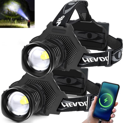 Rechargeable LED Headlamp 1080 Lumen, Super Bright Head Lamp Flashlight with 5 Lighting Modes, IPX6 Waterproof, Zoomable Headlight for Camping, Hiking, Fishing, Biking (2Pack） (2Pack Headlamp)
