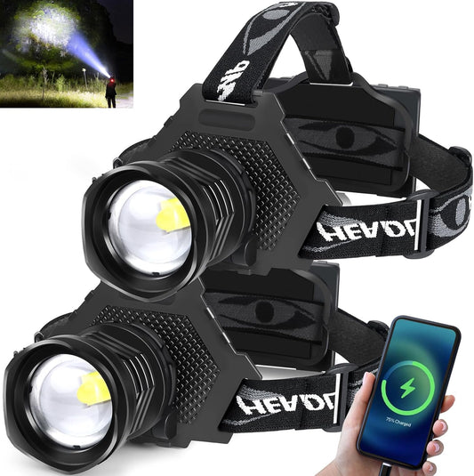 Rechargeable LED Headlamp 1080 Lumen, Super Bright Head Lamp Flashlight with 5 Lighting Modes, IPX6 Waterproof, Zoomable Headlight for Camping, Hiking, Fishing, Biking (2Pack） (2Pack Headlamp)
