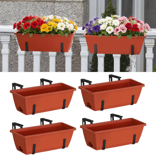 Railing Planter Box 16.9 Inches Fence Hanging Planters with Adjustable Brackets Red Deck Railing Planter Boxes Plastic Outdoor Balcony Railing Window Boxes Planters Hanging Flower Box
