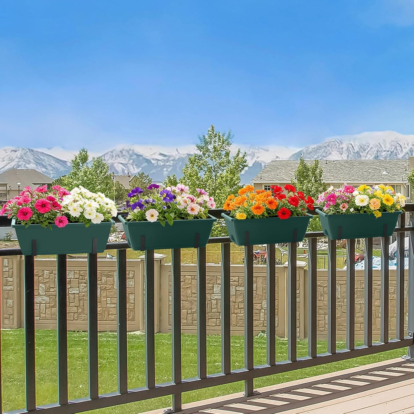 4 Pack Railing Planter Box 16.9 Inches Window Flower Boxes with Metal Brackets Balcony Planters Railing Hanging Fence Planter Plastic Outdoor Deck Railing Planter Boxes, Green