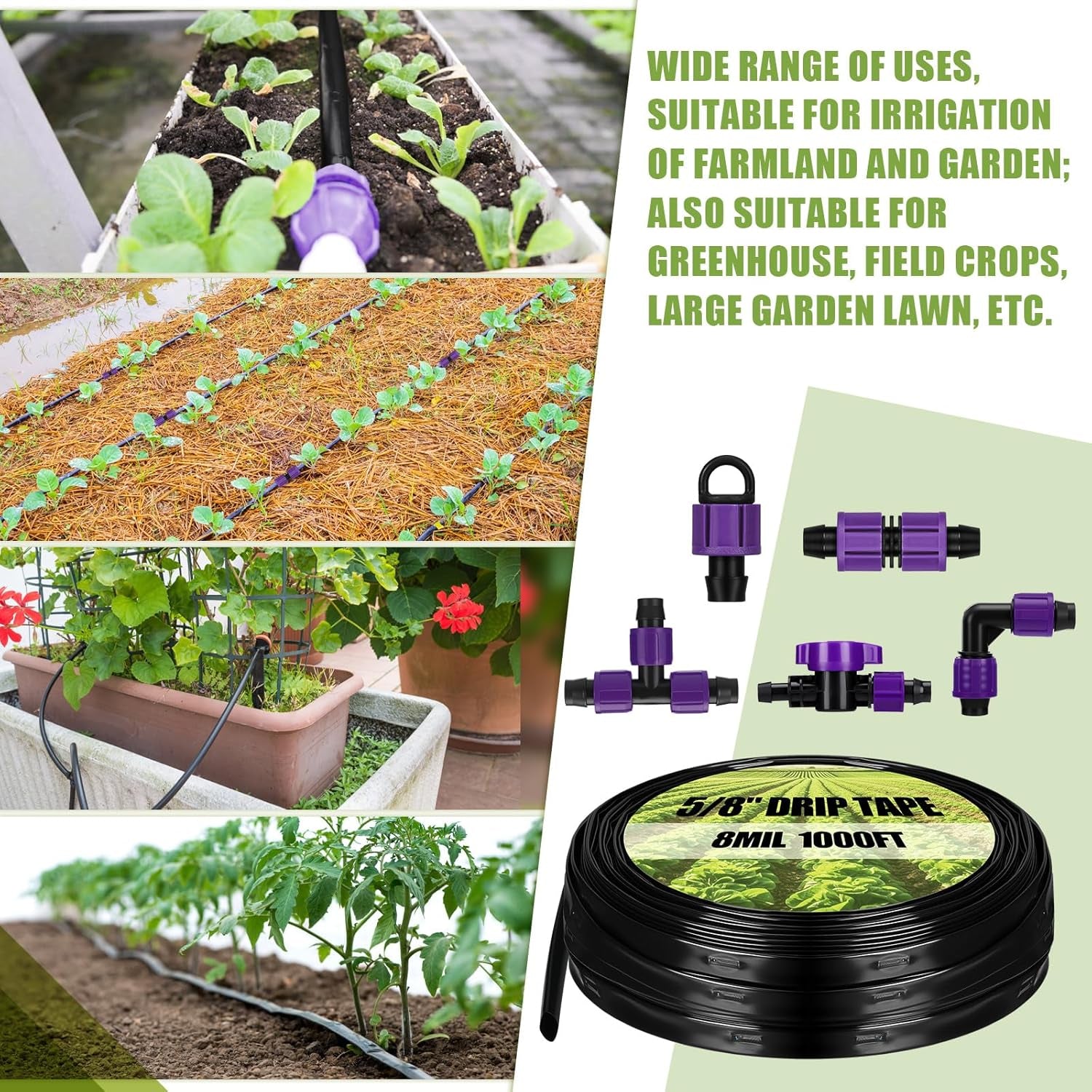 250' 5/8 Inch Drip Tape Irrigation Tubing Kit 8 Mil 6" Spacing Garden Hose Watering Tube Line Automatic Equipment for Garden Irrigation System Farms, Landscape, Lawn