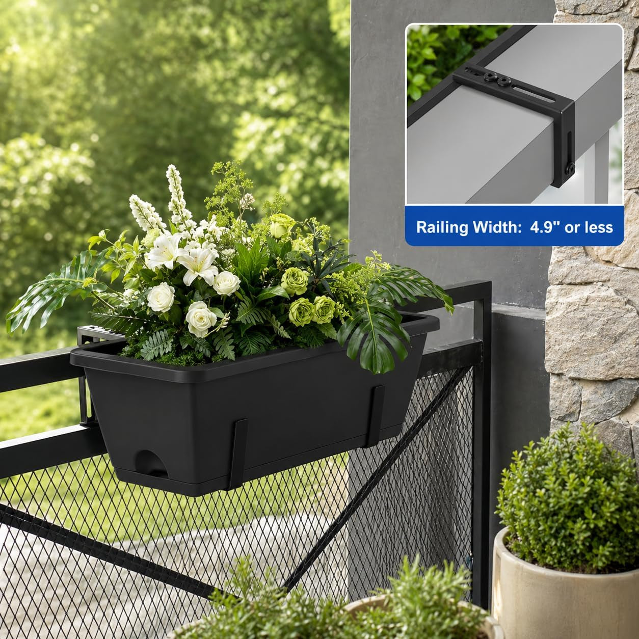 Railing Planter Box 4 Pack Window Boxes Planter with Adjustable Brackets 16.9 Inches Deck Railing Hanging Flower Boxes Black Balcony Planters Fence Hanging Planters for Outdoor