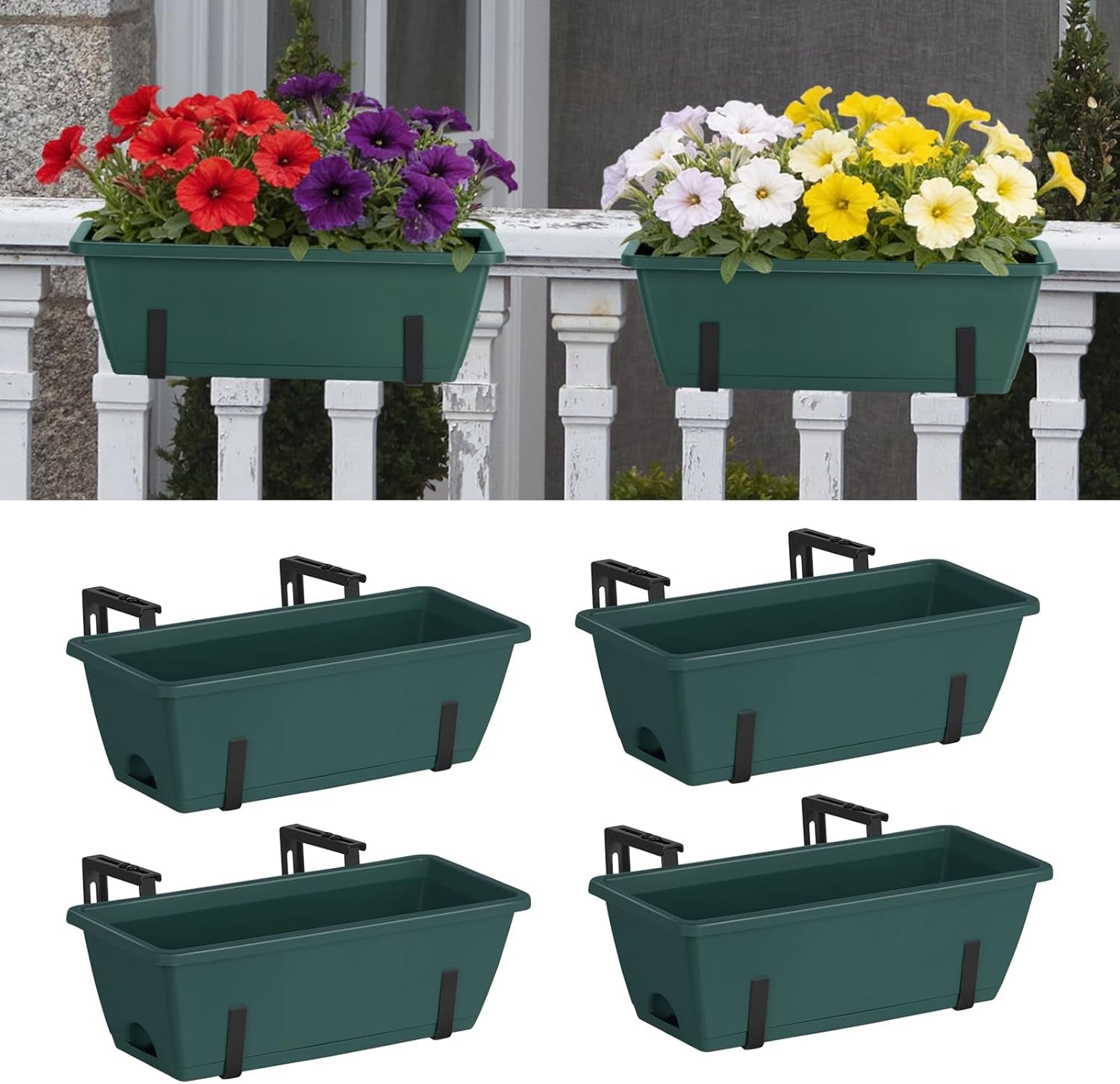 4 Pack Railing Planter Box 16.9 Inches Window Flower Boxes with Metal Brackets Balcony Planters Railing Hanging Fence Planter Plastic Outdoor Deck Railing Planter Boxes, Green
