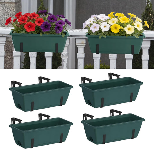 4 Pack Railing Planter Box 16.9 Inches Window Flower Boxes with Metal Brackets Balcony Planters Railing Hanging Fence Planter Plastic Outdoor Deck Railing Planter Boxes, Green