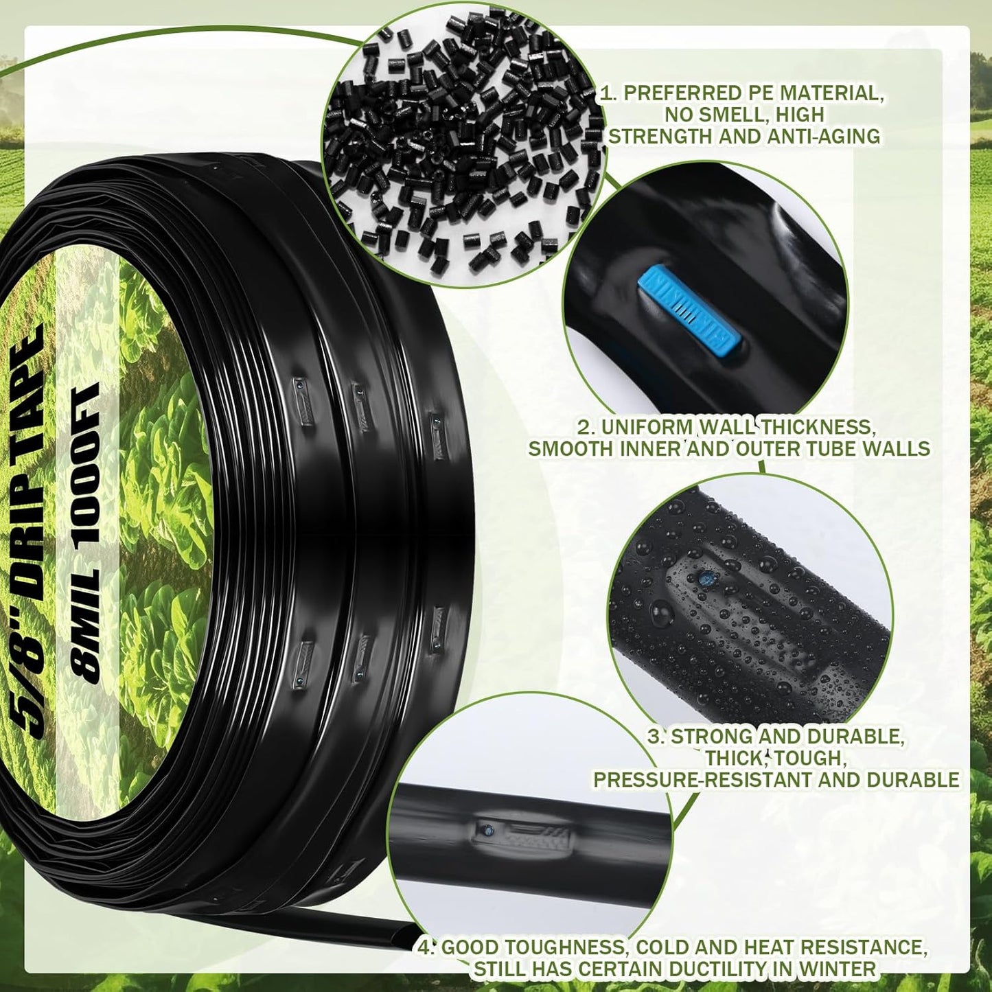 250' 5/8 Inch Drip Tape Irrigation Tubing Kit 8 Mil 6" Spacing Garden Hose Watering Tube Line Automatic Equipment for Garden Irrigation System Farms, Landscape, Lawn