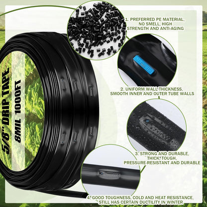 250' 5/8 Inch Drip Tape Irrigation Tubing Kit 8 Mil 6" Spacing Garden Hose Watering Tube Line Automatic Equipment for Garden Irrigation System Farms, Landscape, Lawn
