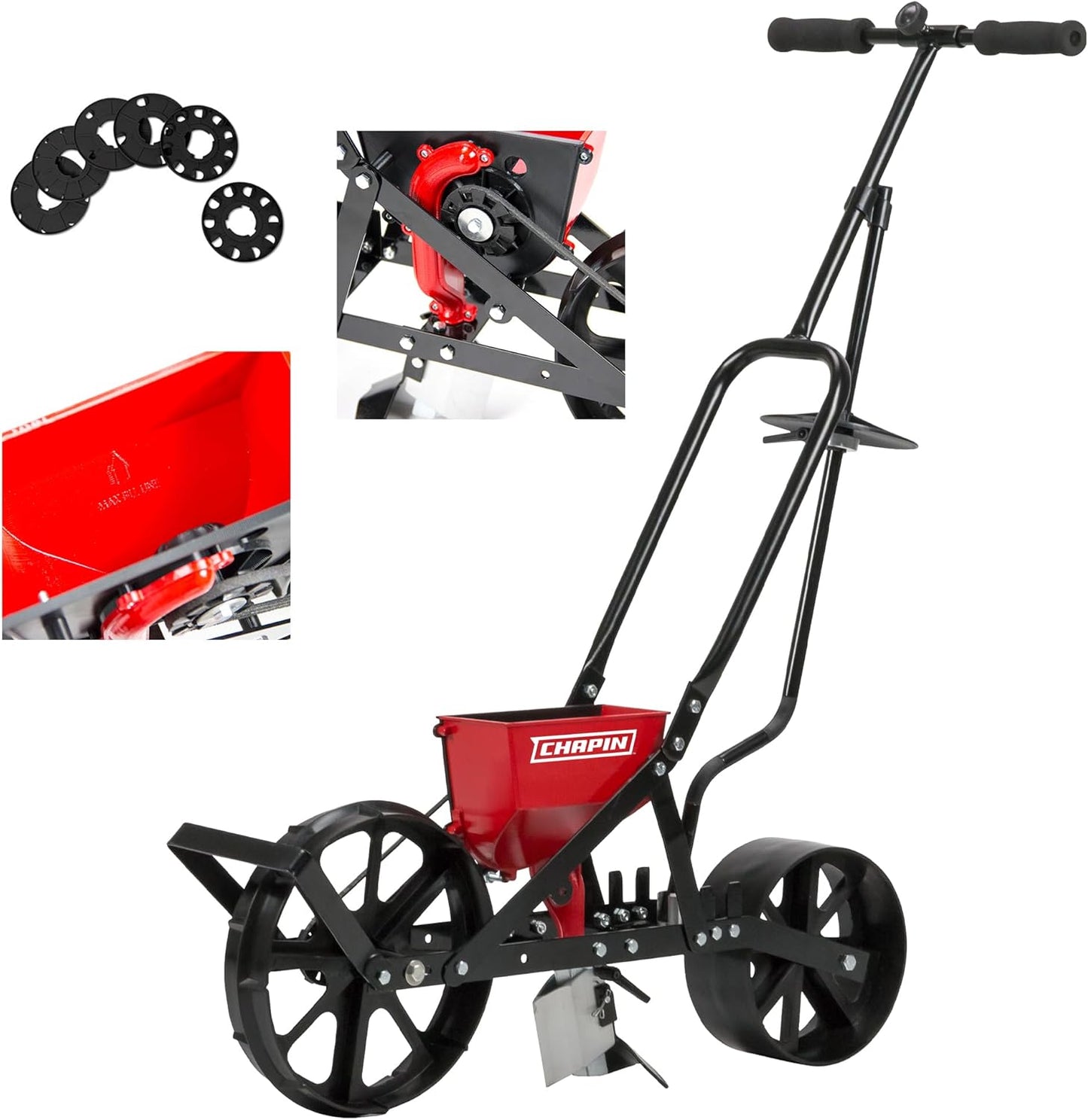 Chapin  Garden Push Seeder Planter with 6 Seed Plates for up to 20 Varieties of Seeds, Zinc Plow Blade, Row Marker, Powder Coated Steel Frame, Red/Black