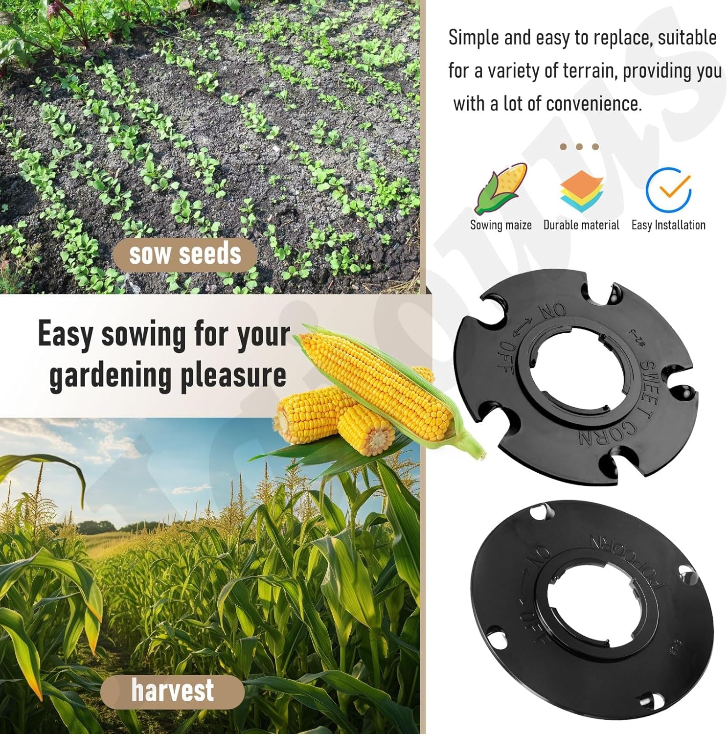 2 X Sweet Corn Standard Seed Plates Size 0.375“, Sown at 7.2" Intervals & 2 X Popcorn Se Ed Plates Spaced 9 Inches Apart, Compatible with E-Arthway 1001-B Garden Seeder