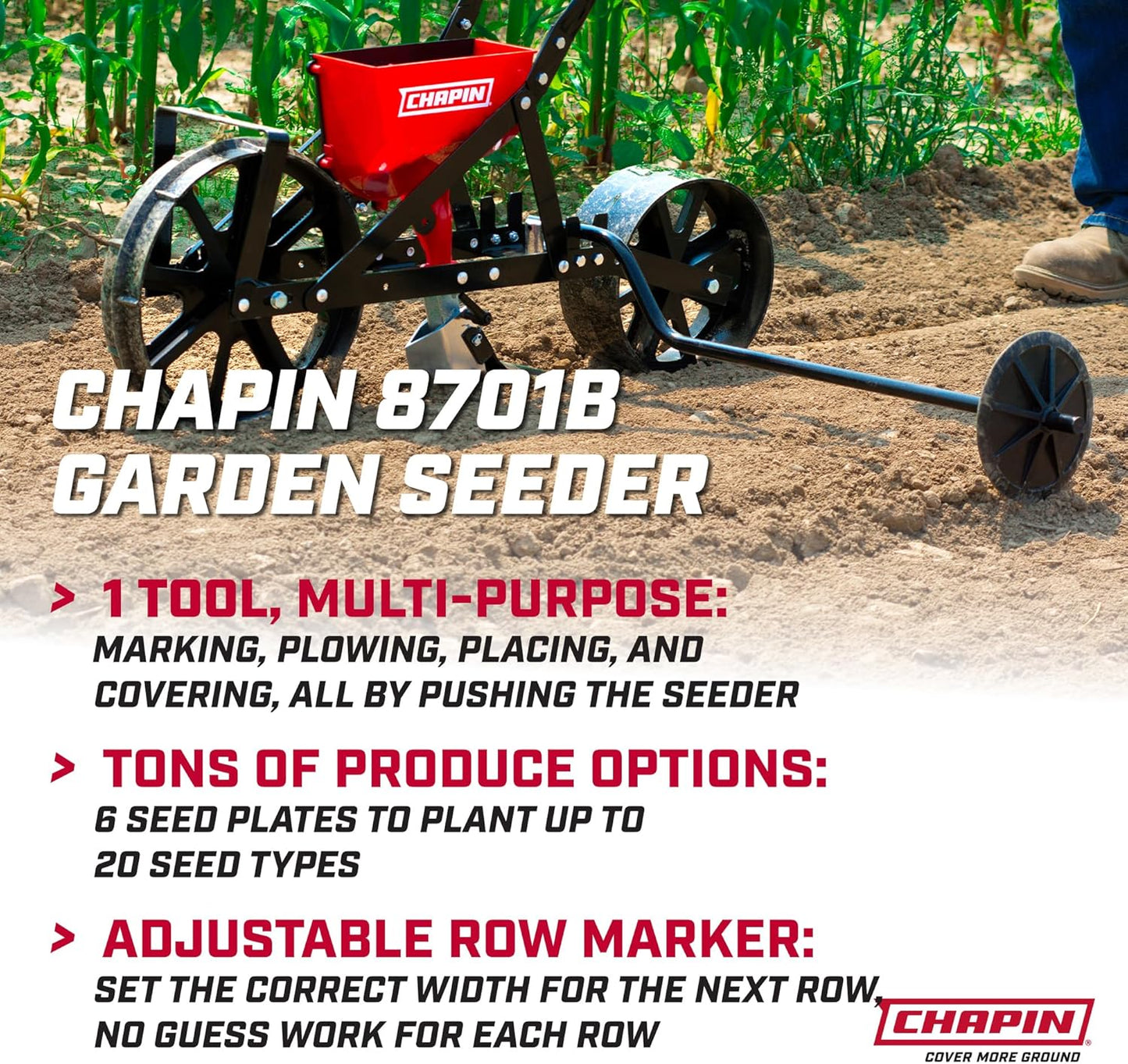 Chapin  Garden Push Seeder Planter with 6 Seed Plates for up to 20 Varieties of Seeds, Zinc Plow Blade, Row Marker, Powder Coated Steel Frame, Red/Black