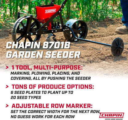 Chapin  Garden Push Seeder Planter with 6 Seed Plates for up to 20 Varieties of Seeds, Zinc Plow Blade, Row Marker, Powder Coated Steel Frame, Red/Black