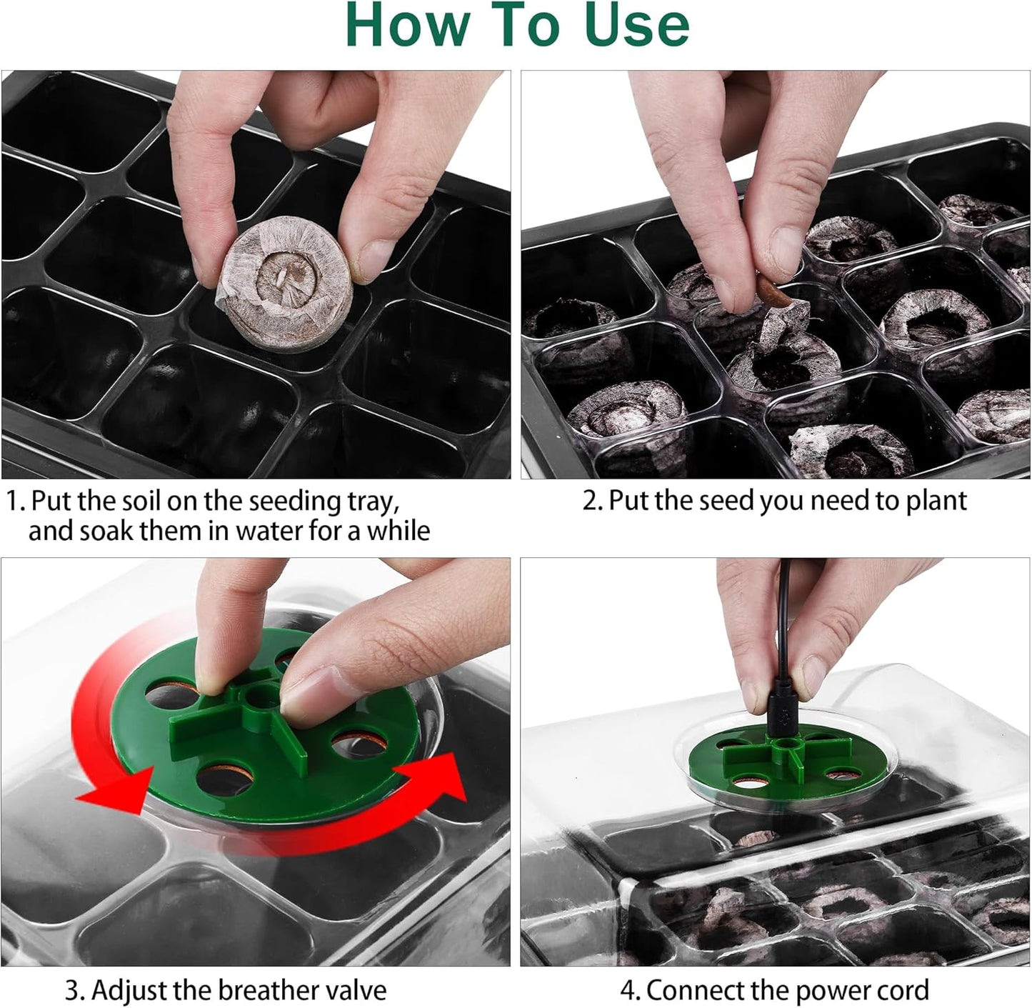 6 Pack Seed Starter Tray Kit with Grow Light and Humidity Dome Germination Trays with 72 Peat Pellets, Plant Labels, Gardening Tools, Plant Growing Trays for Seeds Growing Starting, Black