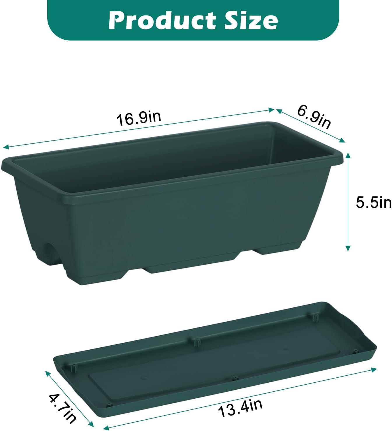 4 Pack Railing Planter Box 16.9 Inches Window Flower Boxes with Metal Brackets Balcony Planters Railing Hanging Fence Planter Plastic Outdoor Deck Railing Planter Boxes, Green