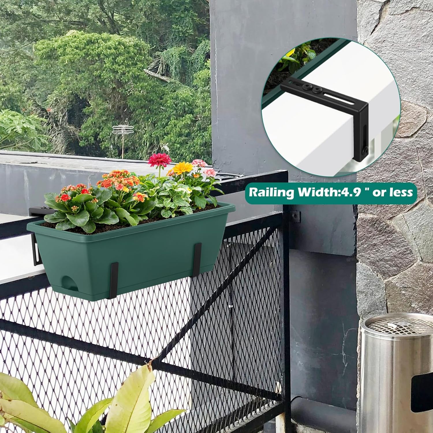 4 Pack Railing Planter Box 16.9 Inches Window Flower Boxes with Metal Brackets Balcony Planters Railing Hanging Fence Planter Plastic Outdoor Deck Railing Planter Boxes, Green