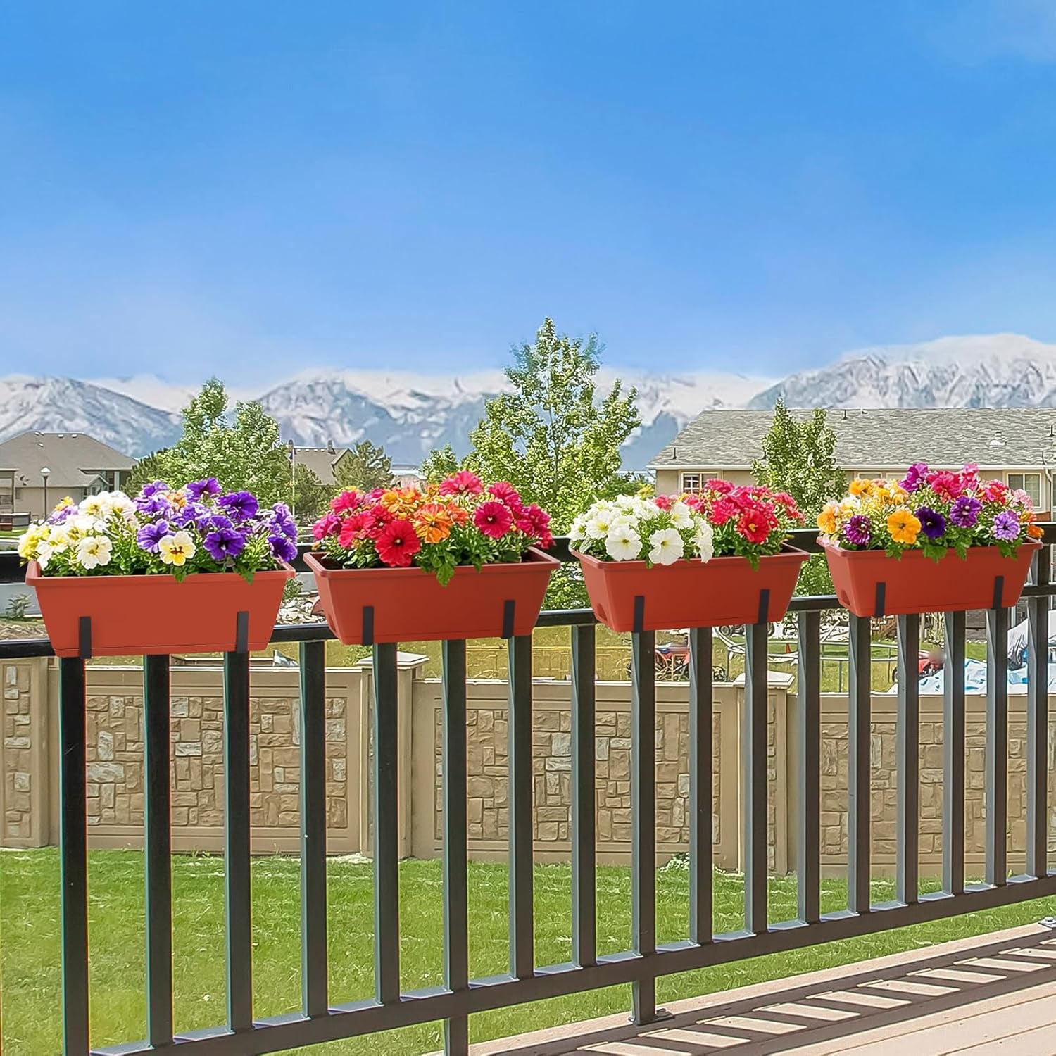 Railing Planter Box 16.9 Inches Fence Hanging Planters with Adjustable Brackets Red Deck Railing Planter Boxes Plastic Outdoor Balcony Railing Window Boxes Planters Hanging Flower Box