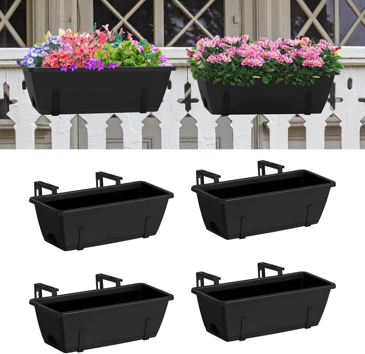 Railing Planter Box 4 Pack Window Boxes Planter with Adjustable Brackets 16.9 Inches Deck Railing Hanging Flower Boxes Black Balcony Planters Fence Hanging Planters for Outdoor