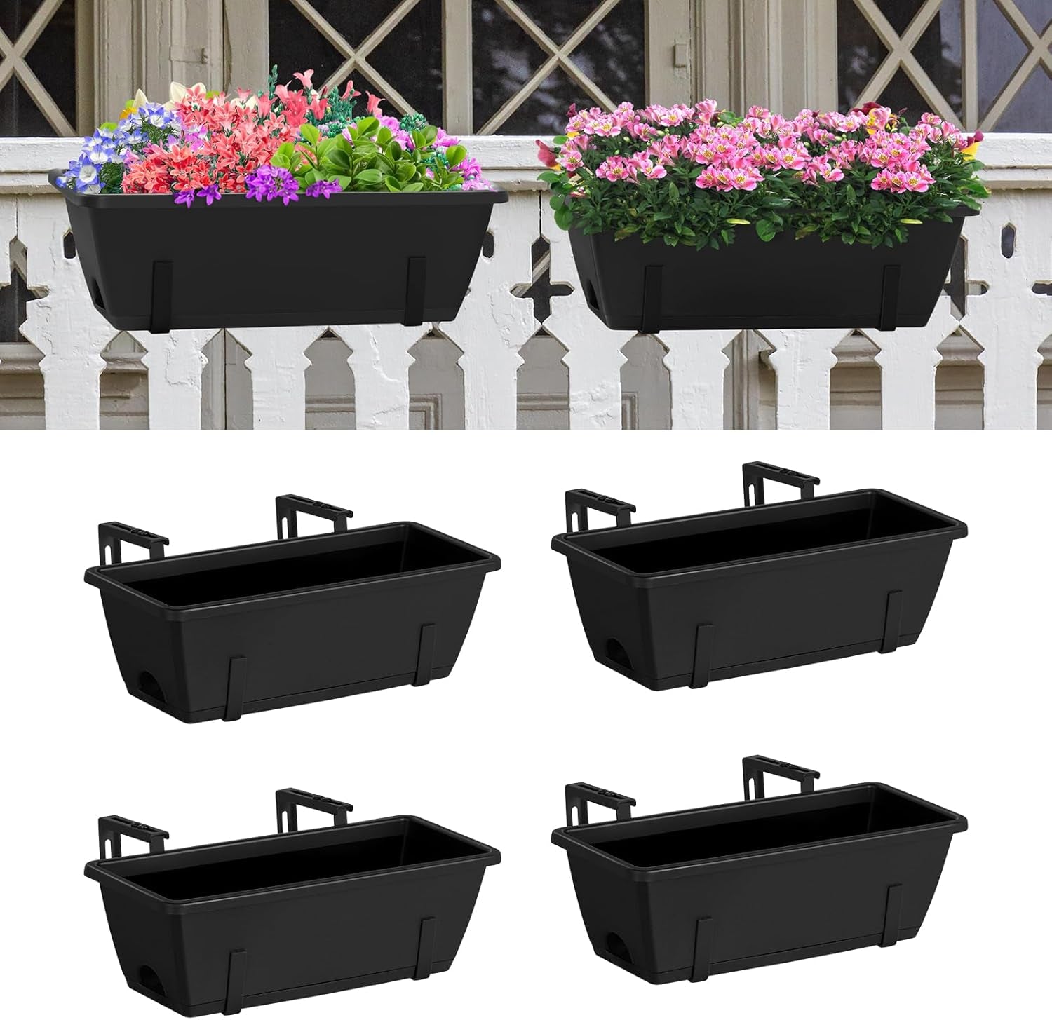 Railing Planter Box 4 Pack Window Boxes Planter with Adjustable Brackets 16.9 Inches Deck Railing Hanging Flower Boxes Black Balcony Planters Fence Hanging Planters for Outdoor