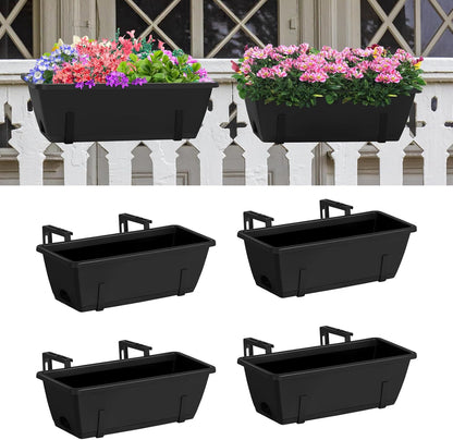 Railing Planter Box 4 Pack Window Boxes Planter with Adjustable Brackets 16.9 Inches Deck Railing Hanging Flower Boxes Black Balcony Planters Fence Hanging Planters for Outdoor