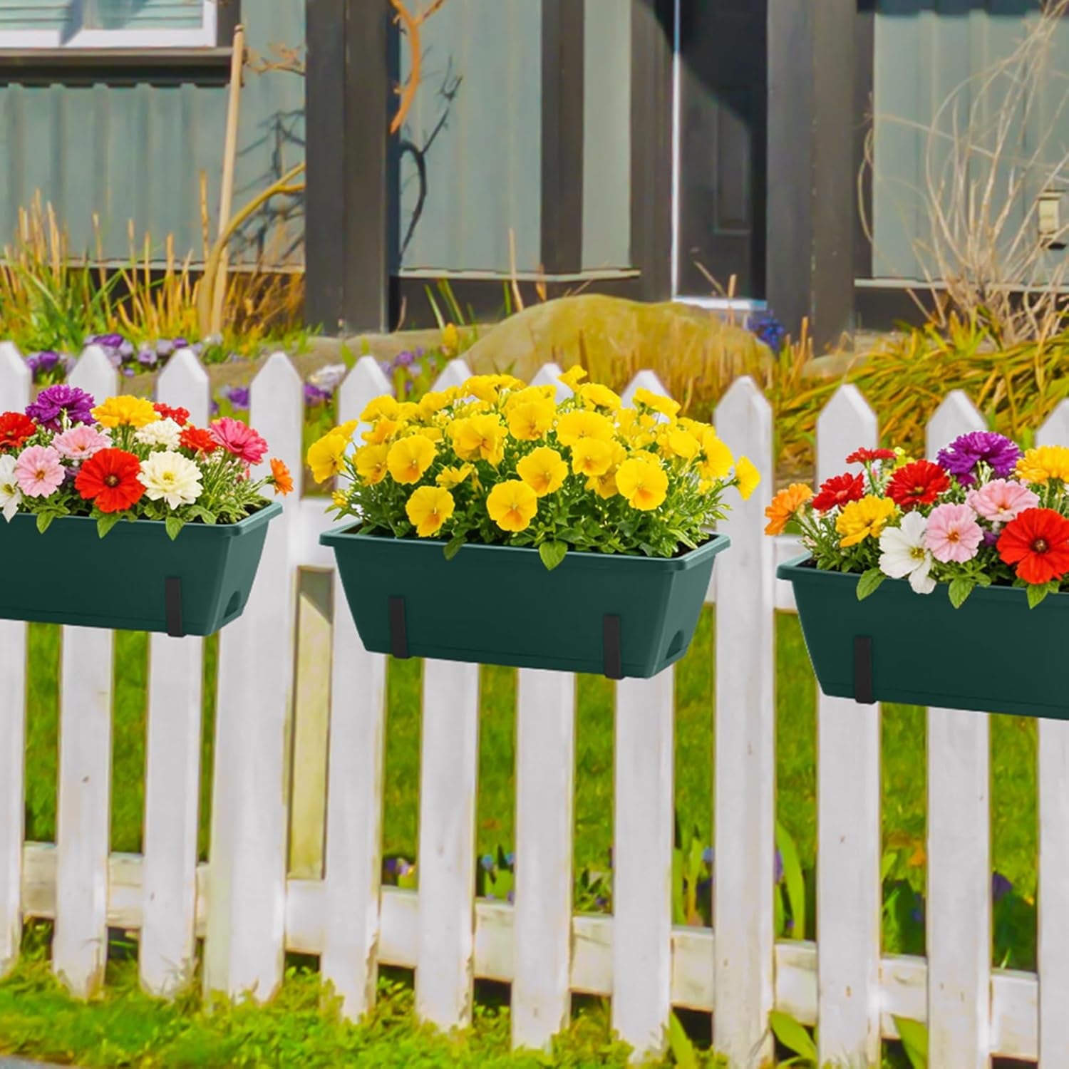 4 Pack Railing Planter Box 16.9 Inches Window Flower Boxes with Metal Brackets Balcony Planters Railing Hanging Fence Planter Plastic Outdoor Deck Railing Planter Boxes, Green