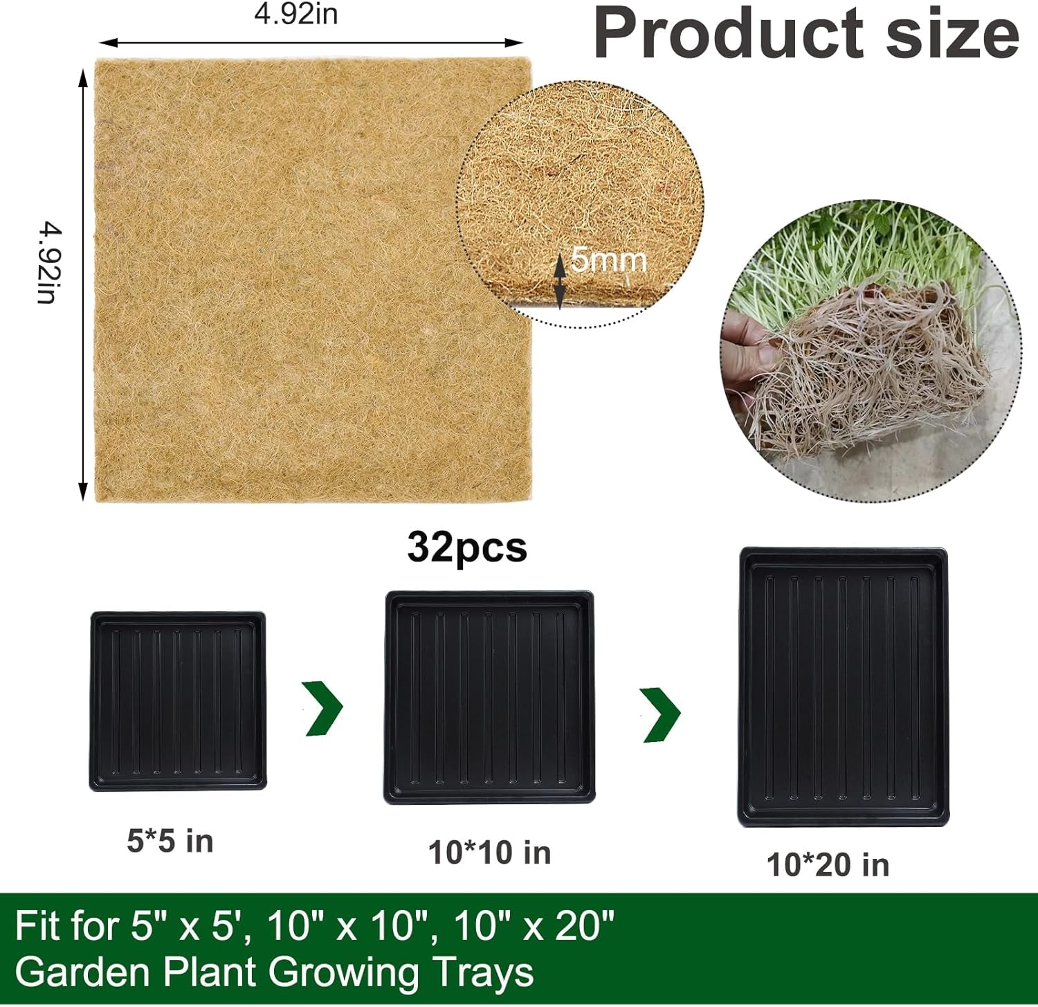 32 PCS Microgreen Mats, 5" X 5" Plant Grow Mat Hydroponic Grow Pads Microgreens Sprouting Mats Microgreens Kit for 1020 Germination Trays Wheatgrass Sprouts