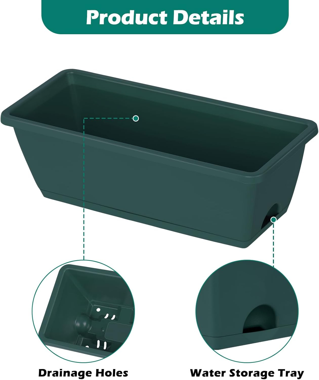 4 Pack Railing Planter Box 16.9 Inches Window Flower Boxes with Metal Brackets Balcony Planters Railing Hanging Fence Planter Plastic Outdoor Deck Railing Planter Boxes, Green