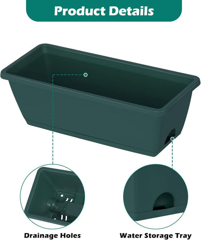 4 Pack Railing Planter Box 16.9 Inches Window Flower Boxes with Metal Brackets Balcony Planters Railing Hanging Fence Planter Plastic Outdoor Deck Railing Planter Boxes, Green