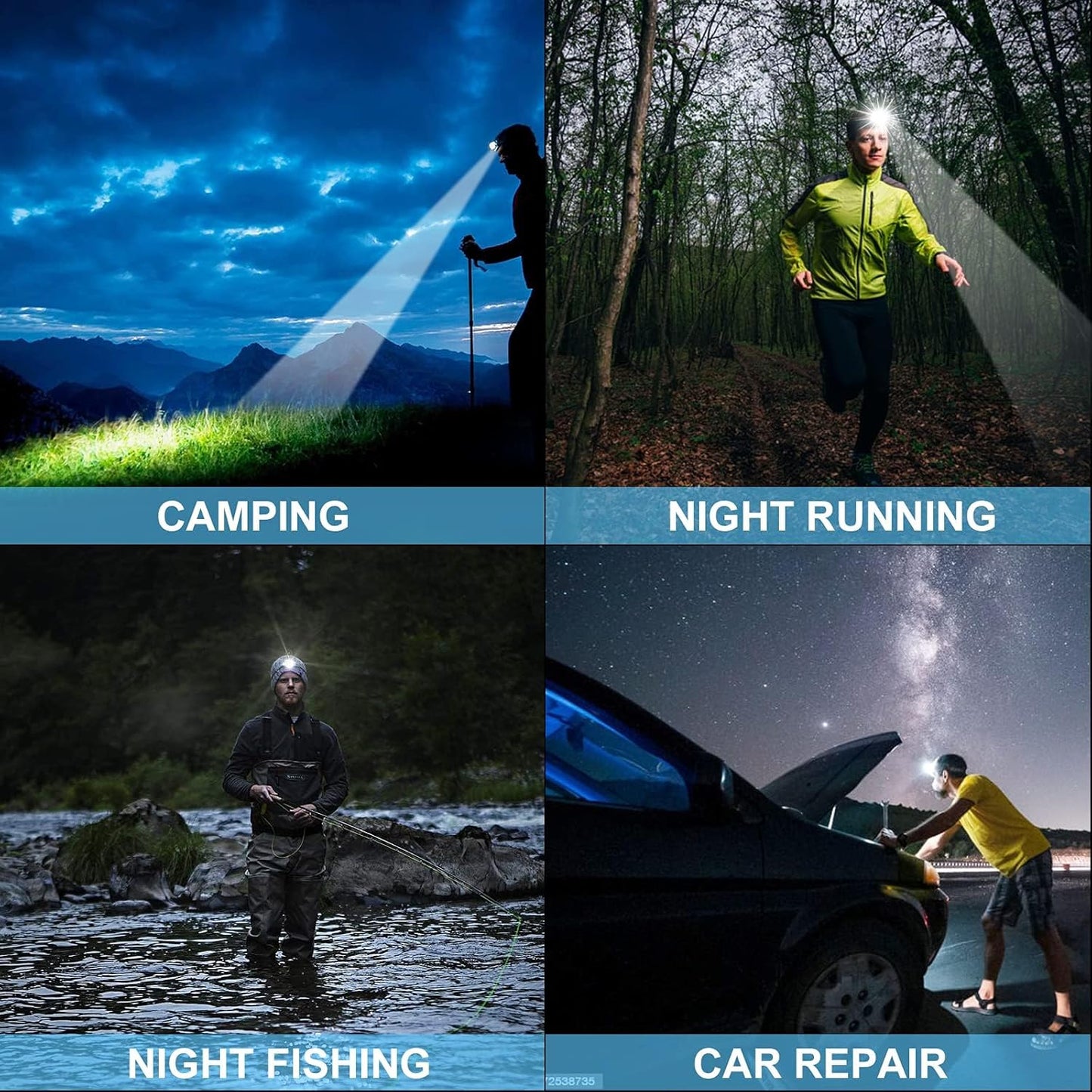 Rechargeable LED Headlamp 1080 Lumen, Super Bright Head Lamp Flashlight with 5 Lighting Modes, IPX6 Waterproof, Zoomable Headlight for Camping, Hiking, Fishing, Biking (2Pack） (2Pack Headlamp)